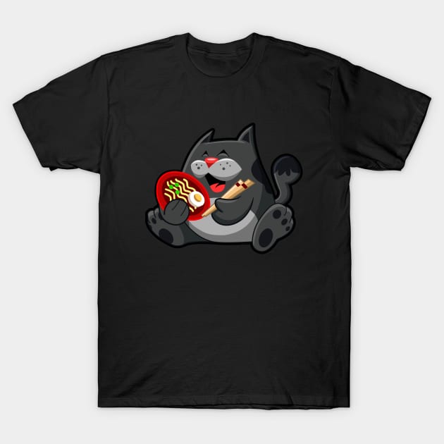 Black Cat eating Ramen Noodles T-Shirt by CartoonCapo